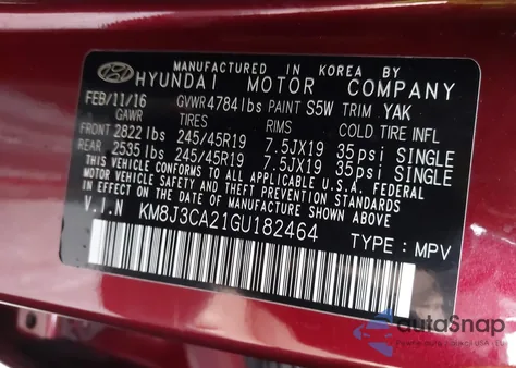 2016 Hyundai Tucson Sport z USA, uszkodzony, nr VIN KM8J3CA21GU182464